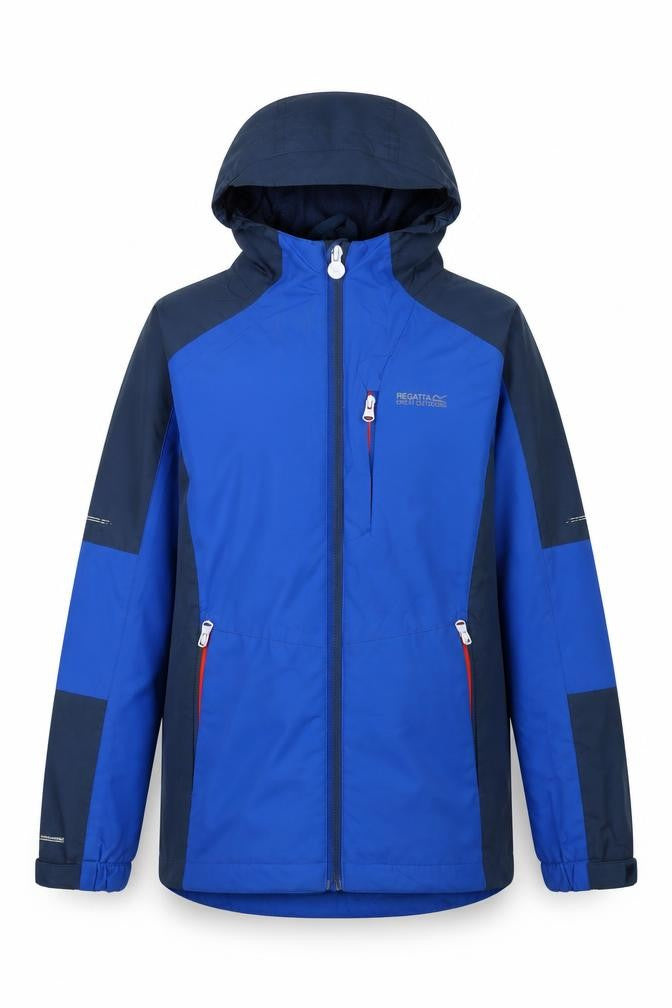 Front view of Regatta boys’ blue parka jacket 10 years hooded waterproof