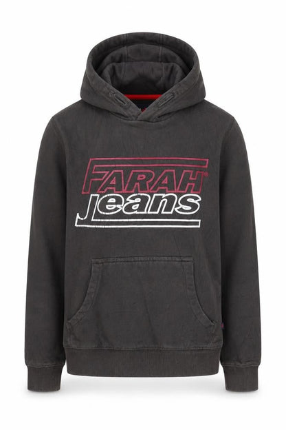 Front view of Farah Jeans boys’ black pullover hoodie, size 10-11y