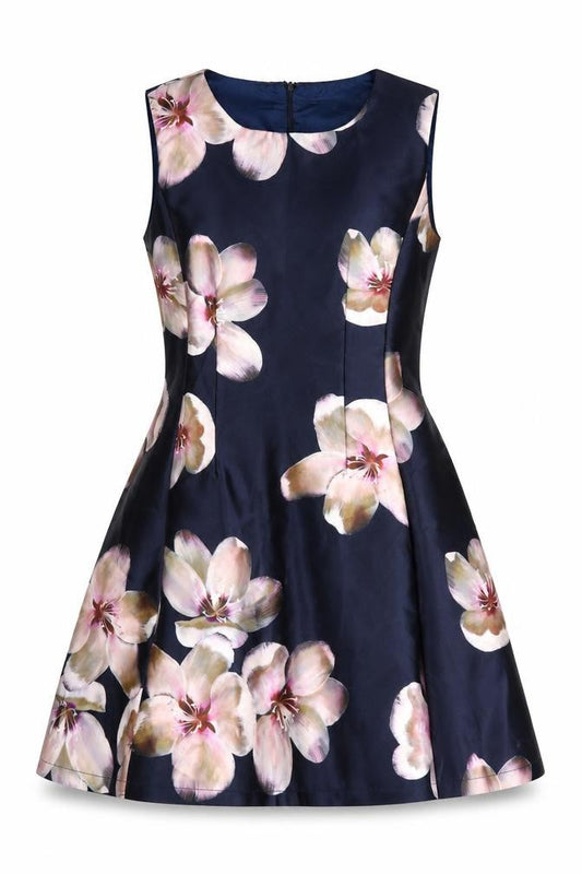 Front view of AX Paris Women's Blue Floral Fit & Flare Dress, size 10