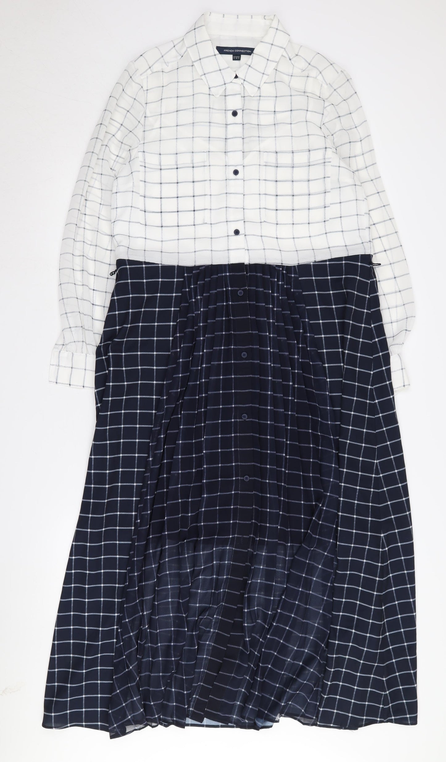 French Connection Women's Check Shirt Dress White Blue Size 8