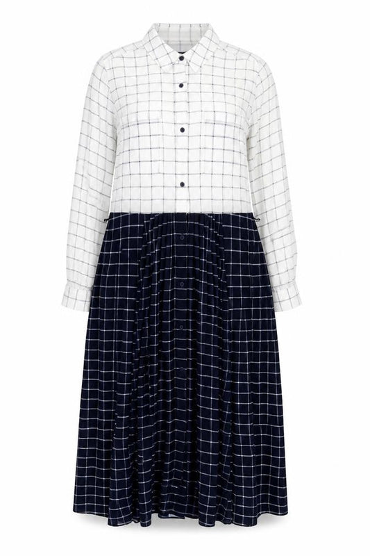 Front view of French Connection Women's Check Shirt Dress White Blue, size 8
