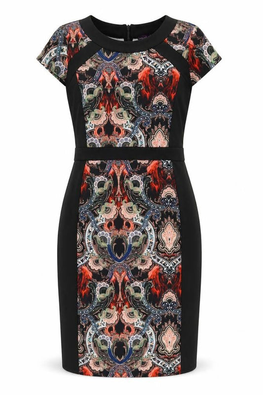 Front view of Long Tall Sally Women's Black Paisley Bodycon Dress