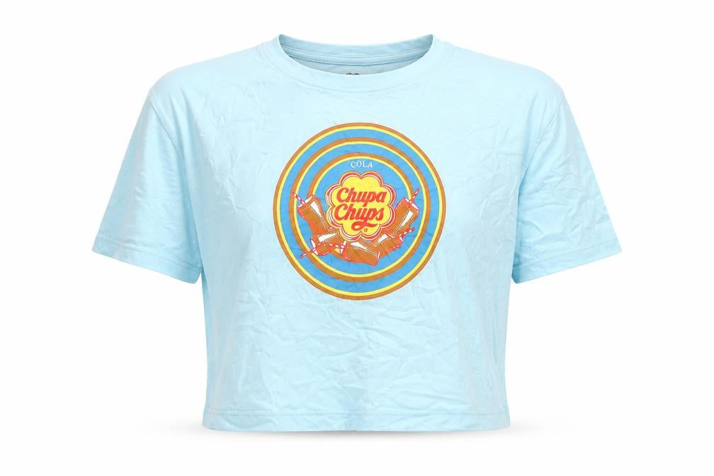 Front view of Chupa Chups unisex blue retro t-shirt, size S