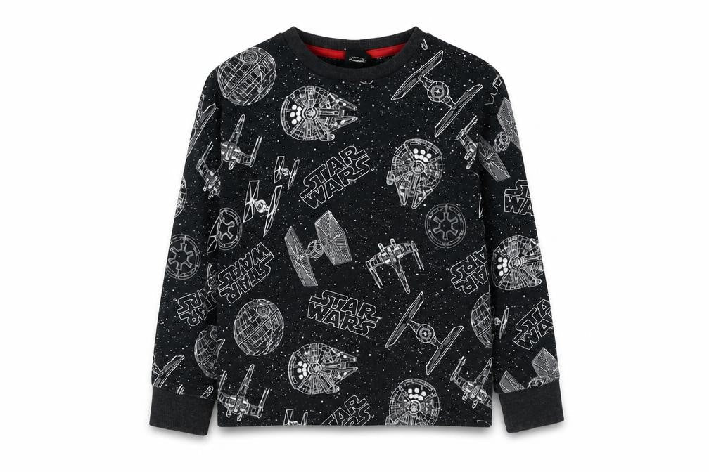 Front view of boys’ star wars pyjama top, black, size 8, long sleeve
