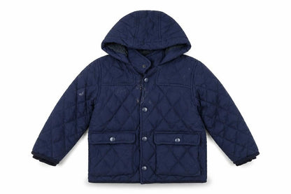 Front view of Next boys’ blue quilted hooded jacket 2-3 years