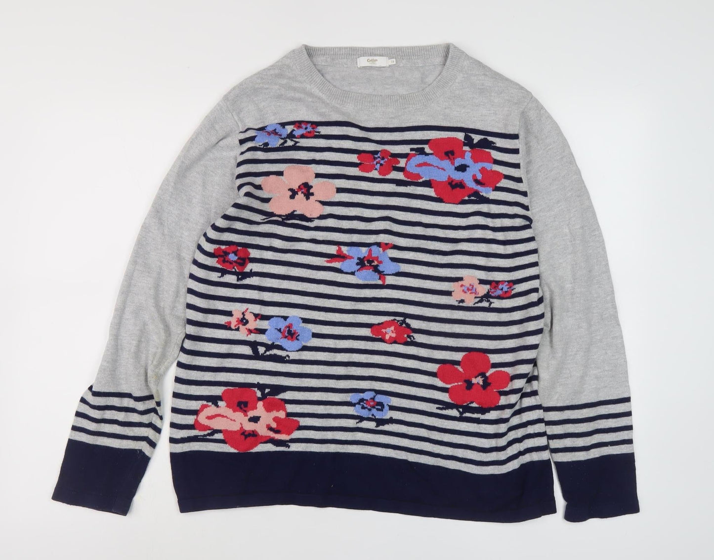 Cotton Traders Women's Grey Striped Pullover Jumper Size 16