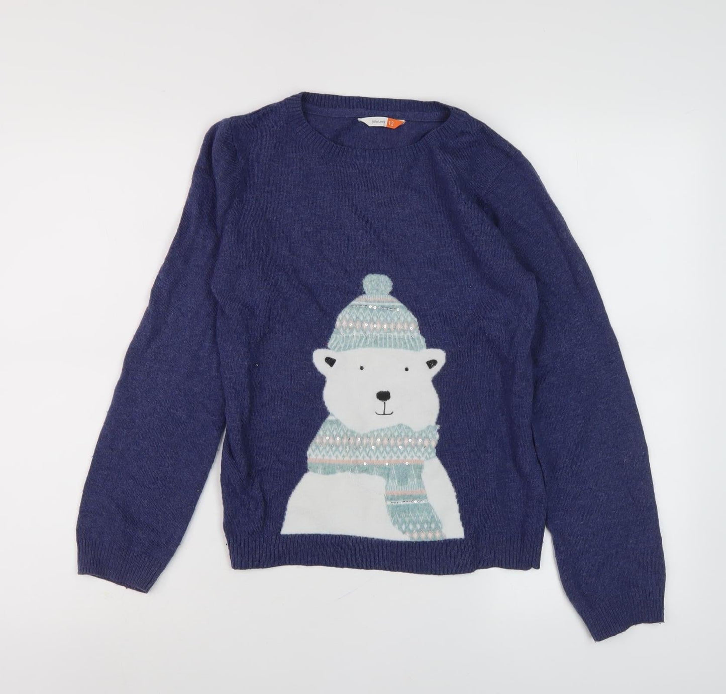 John Lewis Girls Blue Polar Bear Jumper, Size 12, Knit Pullover