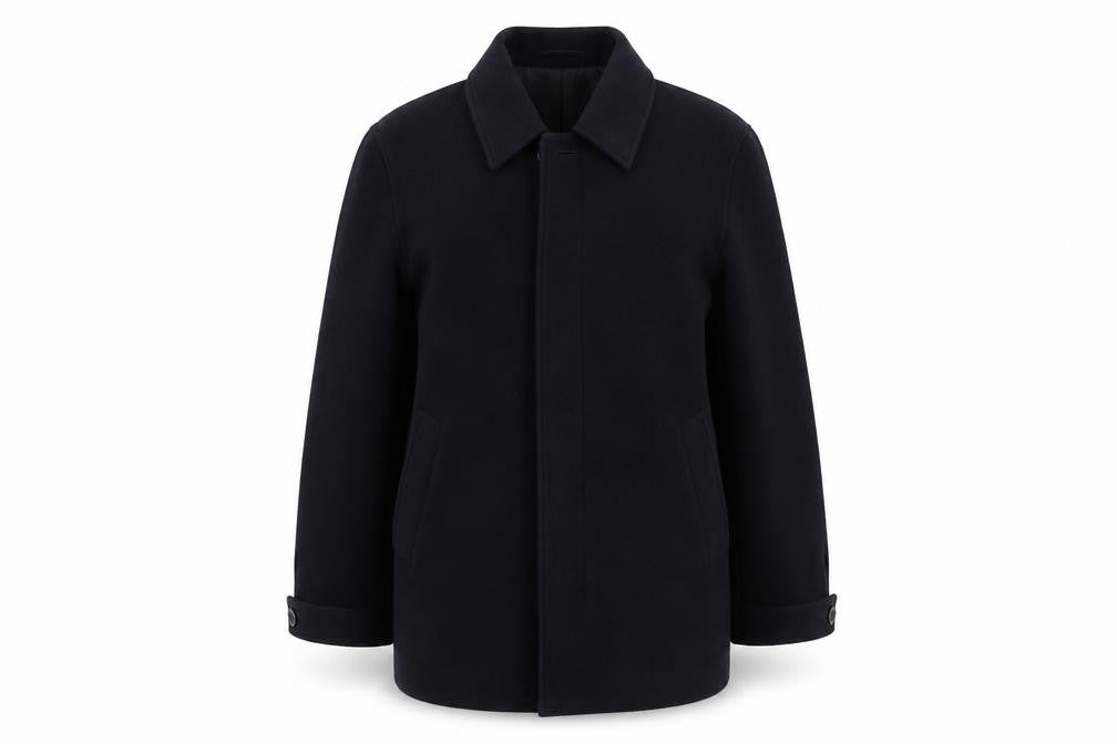 Front view of Lakeland unisex black wool overcoat -, size M