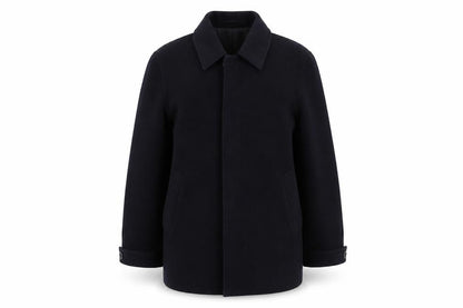Front view of Lakeland unisex black wool overcoat -, size M