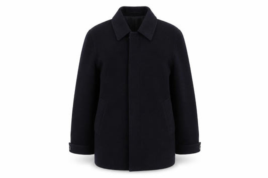 Front view of Lakeland unisex black wool overcoat -, size M