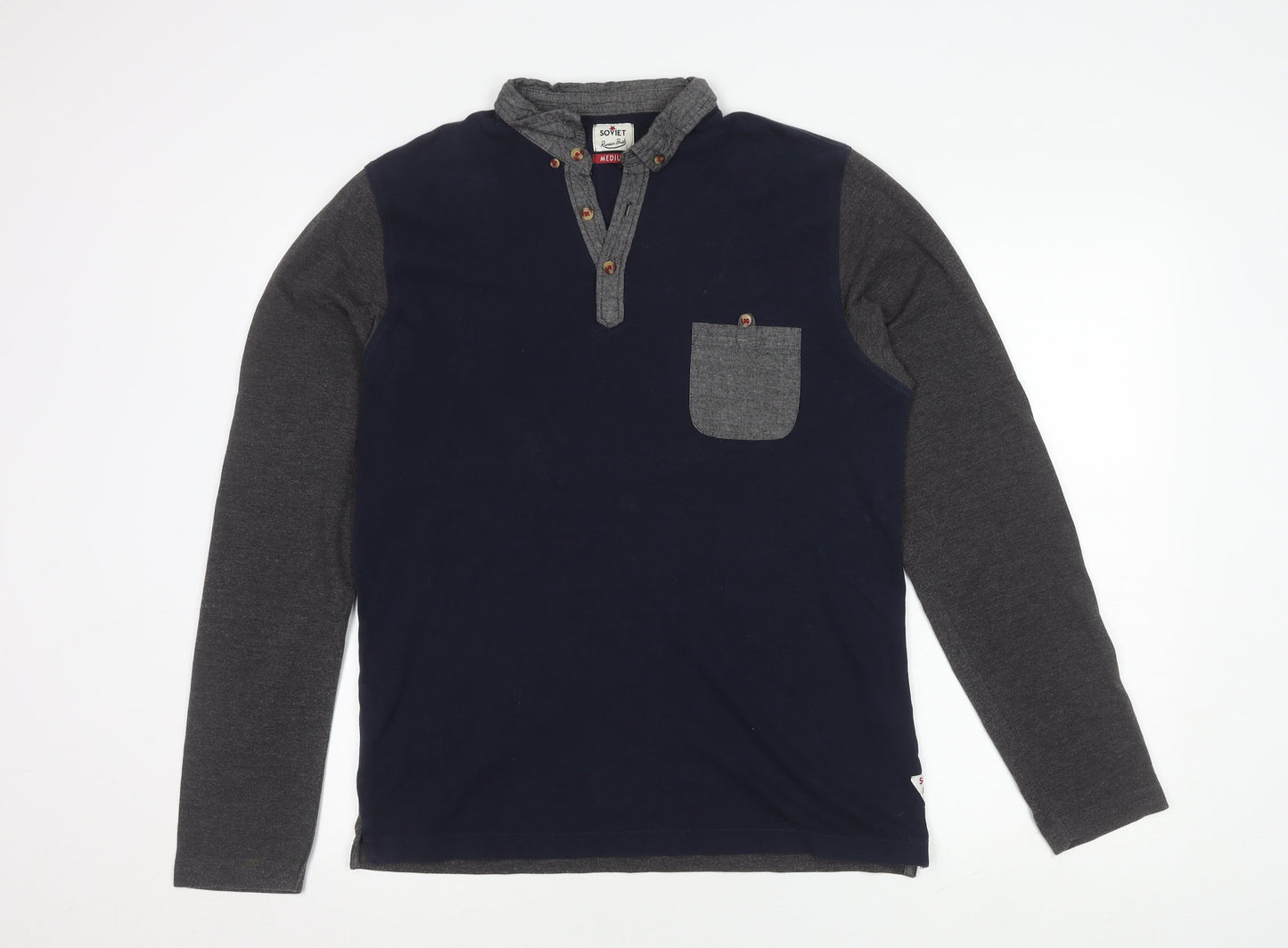 Soviet Men's Medium Blue Long Sleeve Colourblock Polo