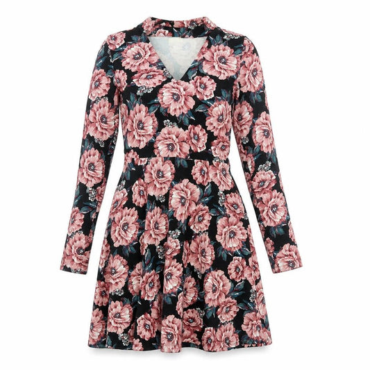 Front view of Hollister Floral A-Line Dress XS Multicolour Long Sleeve