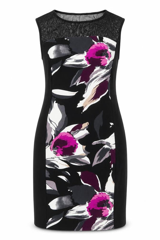 Front view of Roman Women’s Black Floral Sheath Dress, size UK 16
