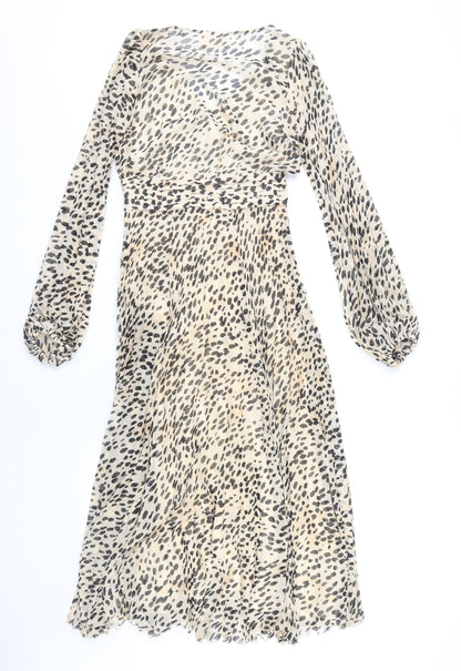 H&M Women Beige Animal Print V-Neck Dress Size 6