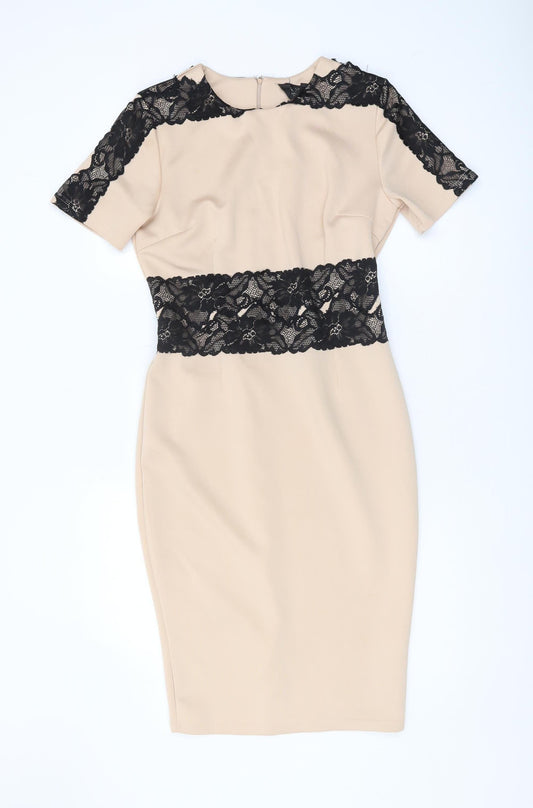 AX Paris Women's Beige Sheath Dress with Lace, Size 14
