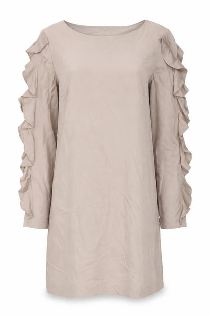 Front view of ST Studio Beige Long Sleeve Ruffle Dress, size 8