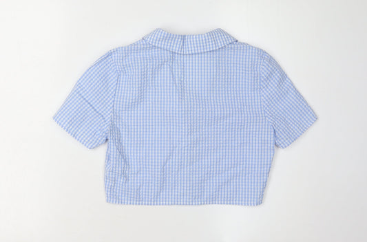 H&M Women's Blue Cropped Check Button-Up Shirt Size 6