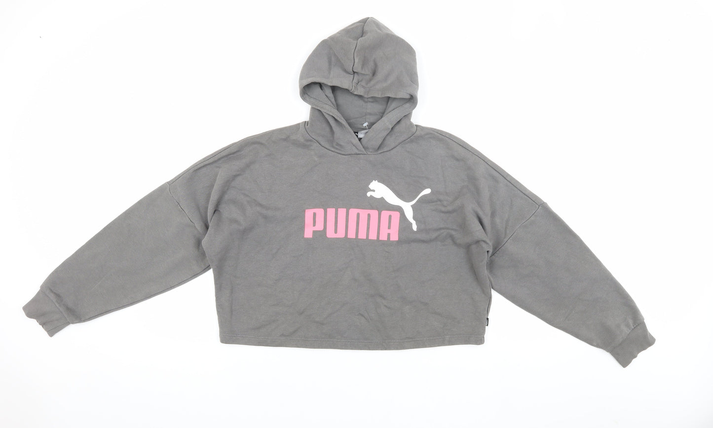 Puma Girls Grey Hoodie, Logo, Size L, Casual Fleece
