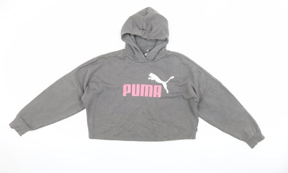 Puma Girls Grey Hoodie, Logo, Size L, Casual Fleece
