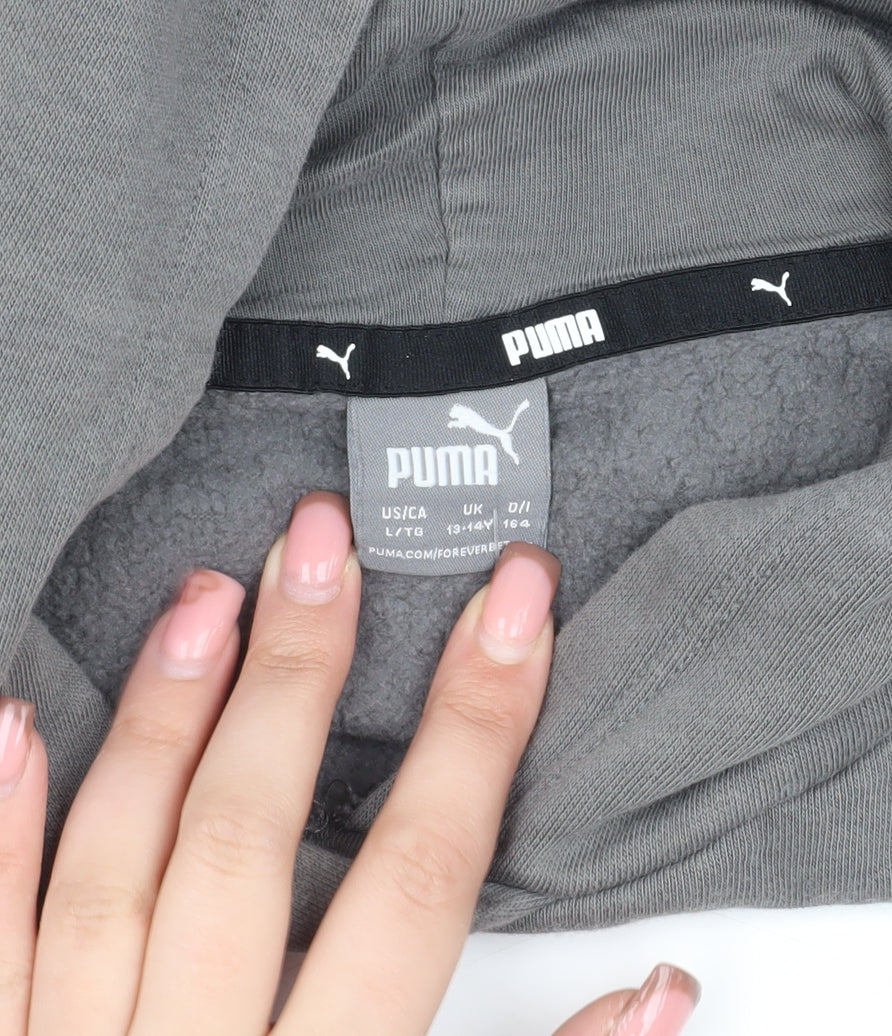 Puma Girls Grey Hoodie, Logo, Size L, Casual Fleece