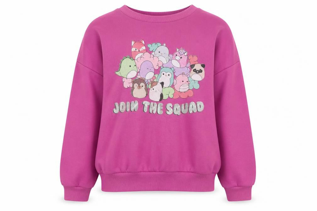 Front view of Squishmallows girls’ pink cartoon pullover sweatshirt m