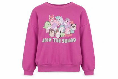 Front view of Squishmallows girls’ pink cartoon pullover sweatshirt m