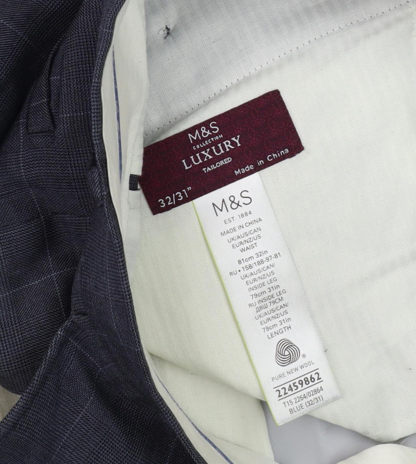 Marks and Spencer Men's Blue Check Trousers, Size 32