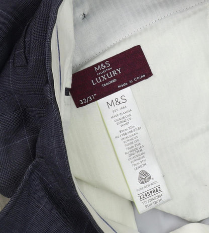 Marks and Spencer Men's Blue Check Trousers, Size 32