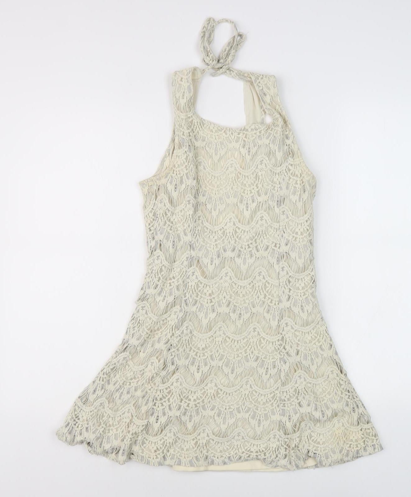 I Love H81 Women's Ivory Halter Lace Dress L