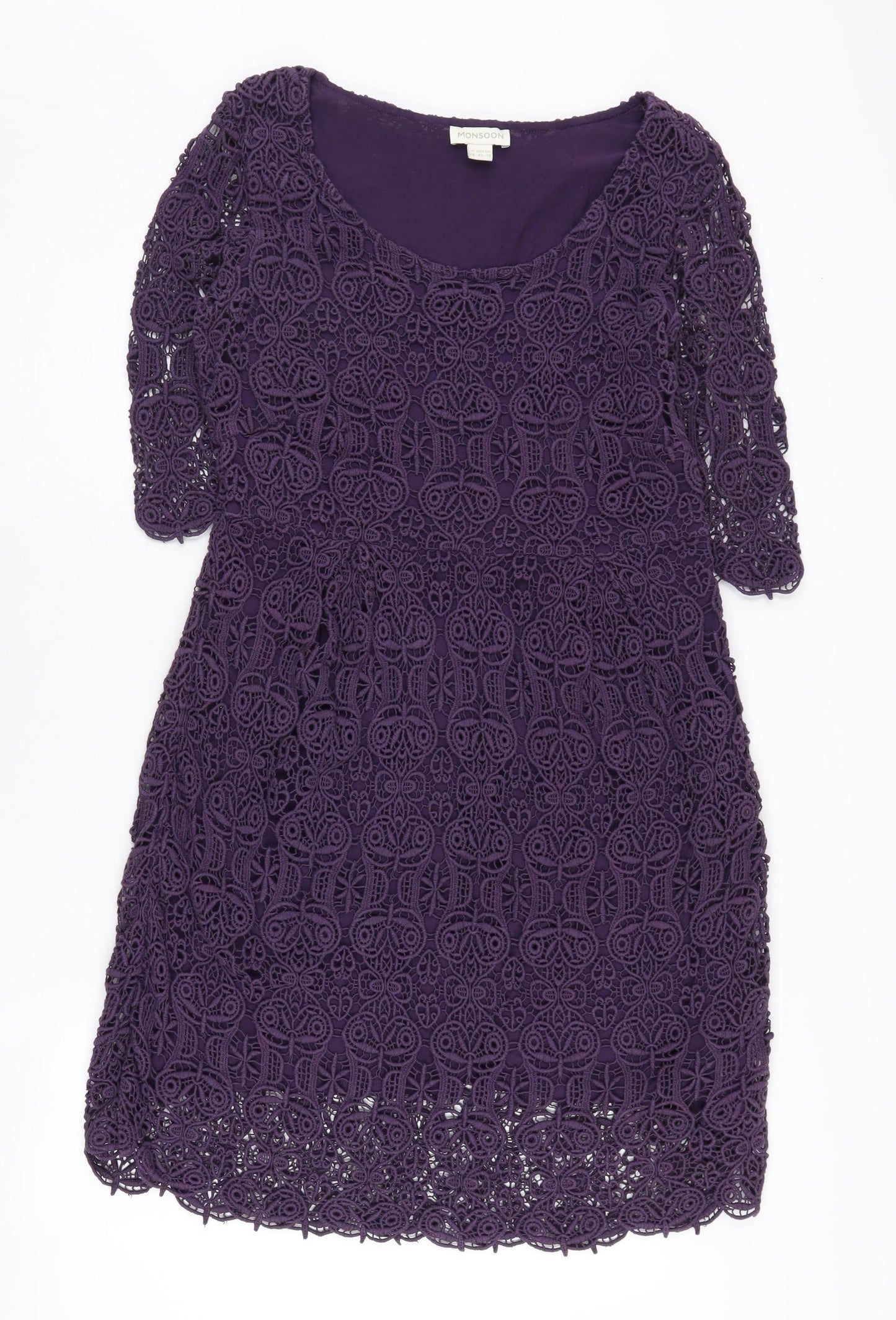 Monsoon Women's Purple 3/4 Sleeve Crochet Shift Dress