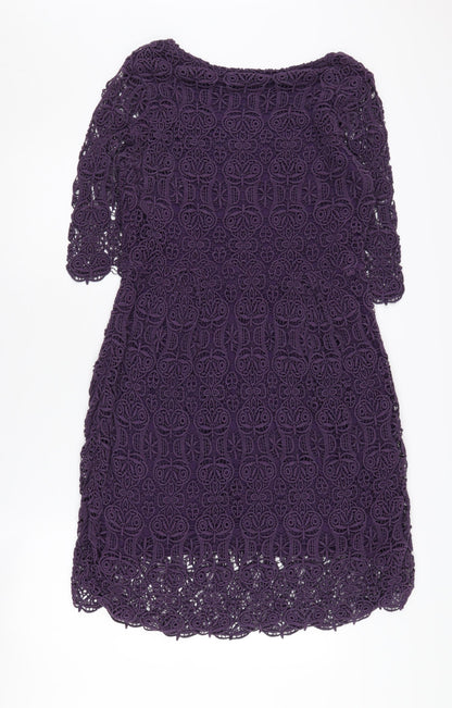Monsoon Women's Purple 3/4 Sleeve Crochet Shift Dress