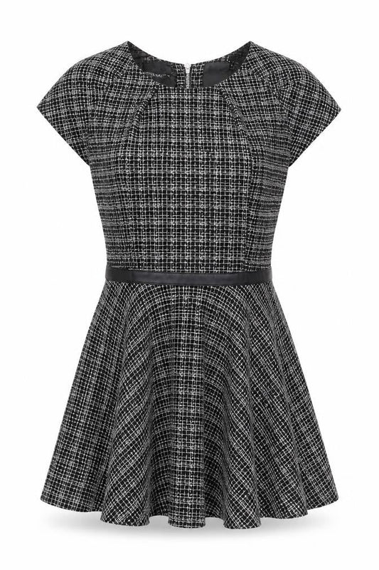 Front view of ASOS Petite Women's Black Check Dress, size 10, Cap Sleeve