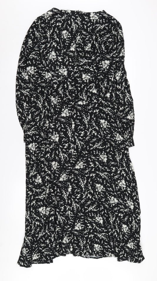 Warehouse Women's Black Floral A-Line Midi Dress, Size 12