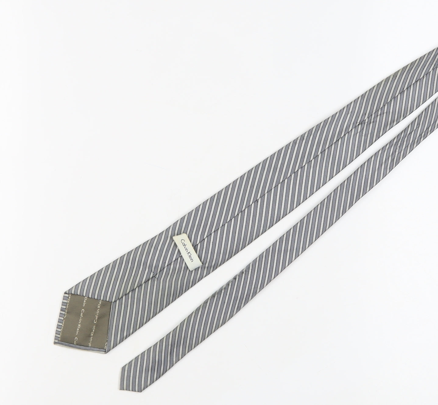 Mens Calvin Klein Grey Striped 100% Silk  Tie