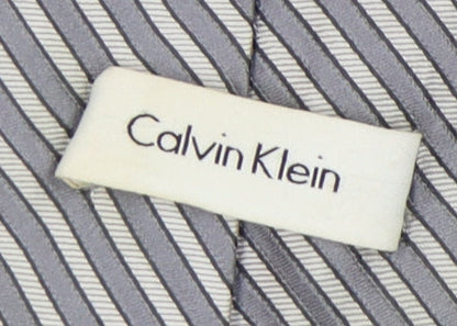 Mens Calvin Klein Grey Striped 100% Silk  Tie