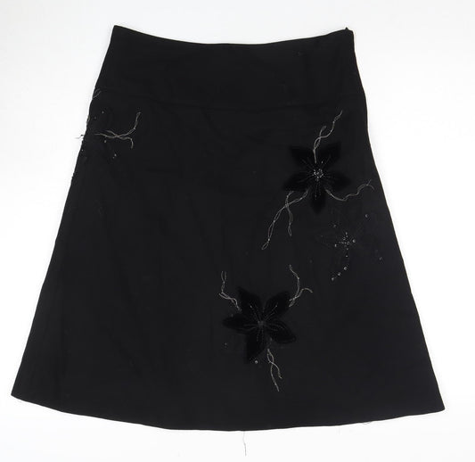 Next Women's Black A-Line Skirt Size 10 Embroidered Wool