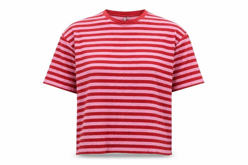 Front view of ASOS Women's Red Striped T-Shirt, Medium, Short Sleeve