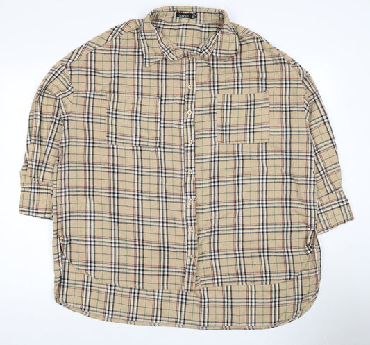Boohoo Women's Beige Plaid Button-Up Shirt Size 12