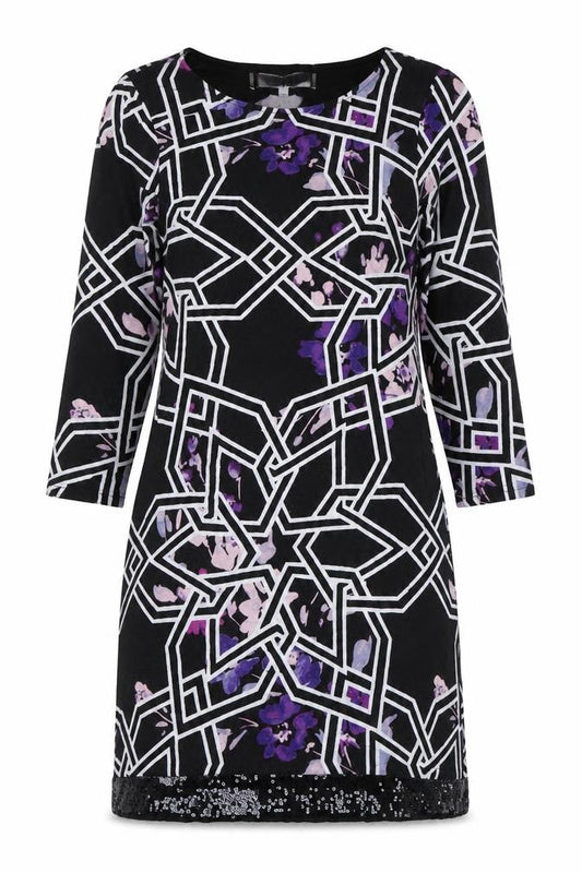 Front view of Principles Petite Black Geometric Floral Shift Dress, size 10
