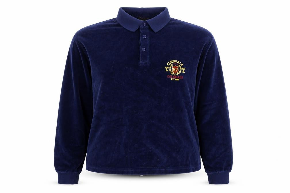Front view of Let's Trans unisex blue velour henley sweatshirt 12