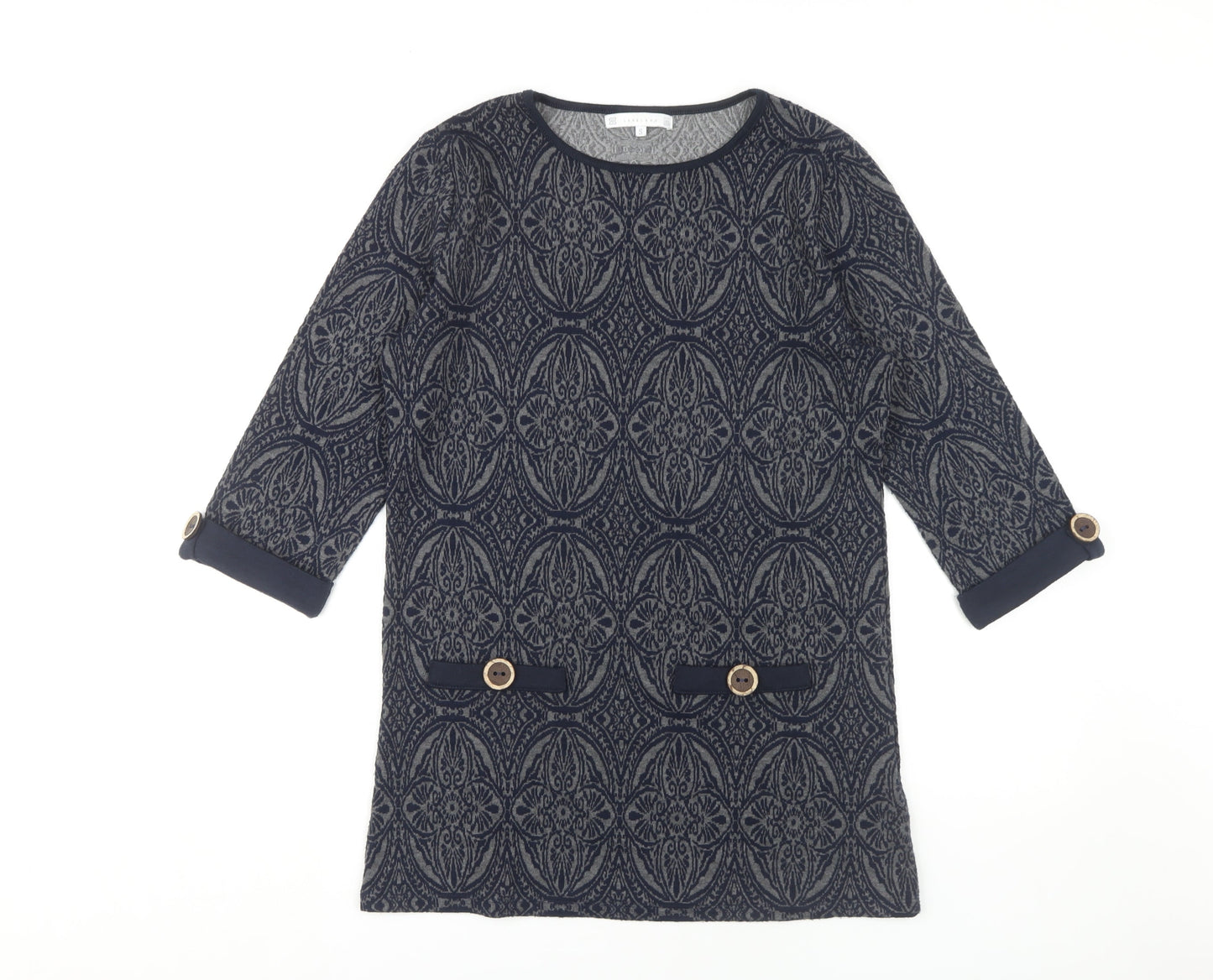 Lakeland Women's Blue Geometric Shift Dress, S, 3/4 Sleeve