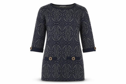Lakeland Women's Blue Geometric Shift Dress, S, 3/4 Sleeve