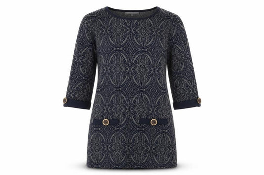 Lakeland Women's Blue Geometric Shift Dress, S, 3/4 Sleeve