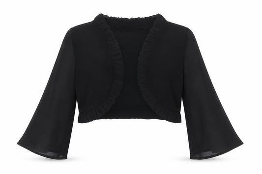Front view of Gallery Women's Black Cropped Top, size 14, Ruffle Detail