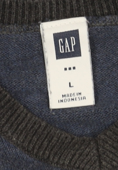 GAP Men's Pullover Jumper, Blue, L, V-Neck, Casual