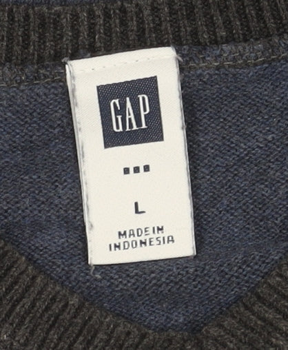 GAP Men's Pullover Jumper, Blue, L, V-Neck, Casual