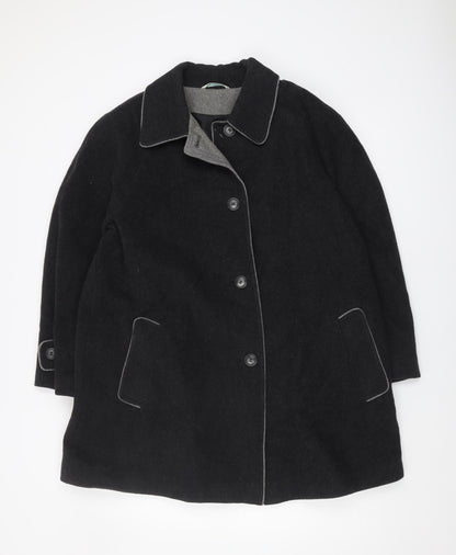 C&A Women Black Wool Coat Size 14 Button Long