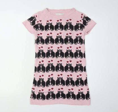 River Island Girls Pink Cat Knit Dress, Size 7-8 Years