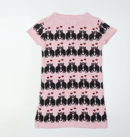 River Island Girls Pink Cat Knit Dress, Size 7-8 Years
