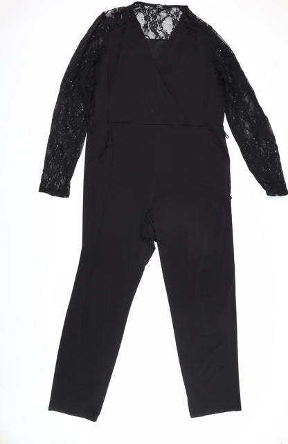 Wallis Women Black Lace Jumpsuit Size 16 Party Wear